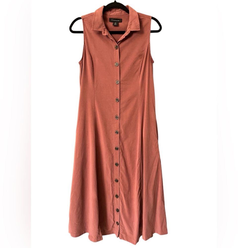 Tahari dusty pink button front midi shirt dress
